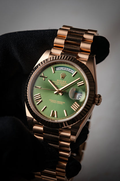 Rolex Day-Date 40mm Green Dial Everose Gold President Bracelet 228235