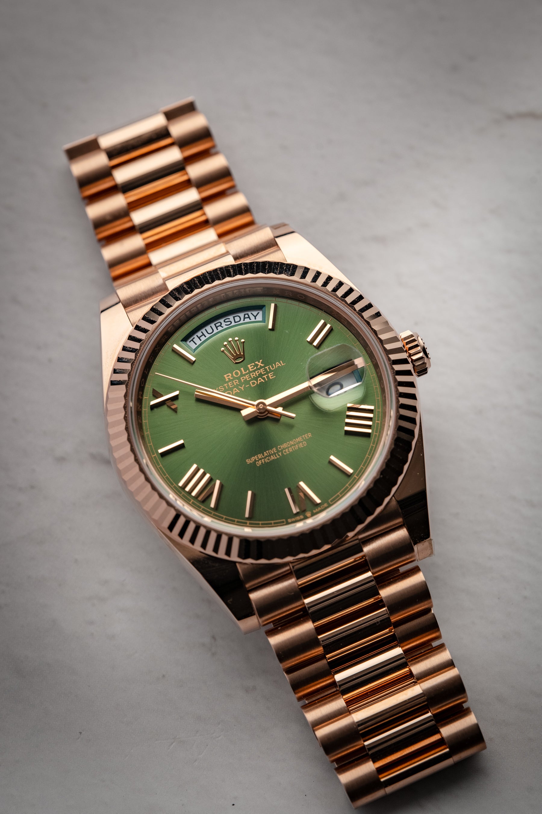 Rolex Day-Date 40mm Green Dial Everose Gold President Bracelet