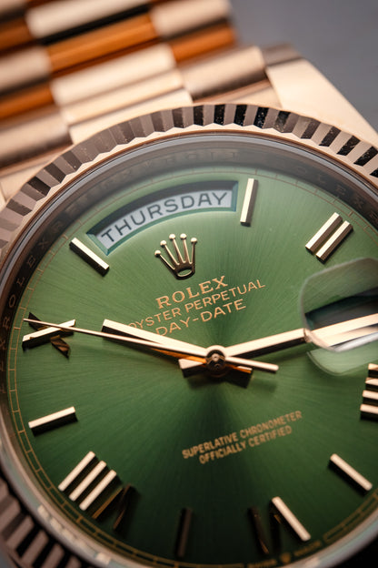 Rolex Day-Date 40mm Green Dial Everose Gold President Bracelet 228235