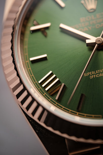 Rolex Day-Date 40mm Green Dial Everose Gold President Bracelet 228235