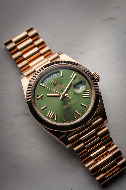 Rolex Day-Date 40mm Green Dial Everose Gold President Bracelet 228235