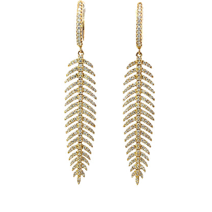 Diamond Feather Yellow Gold Drop Earrings