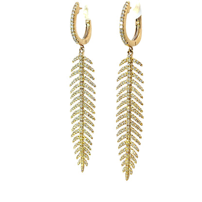 Diamond Feather Yellow Gold Drop Earrings