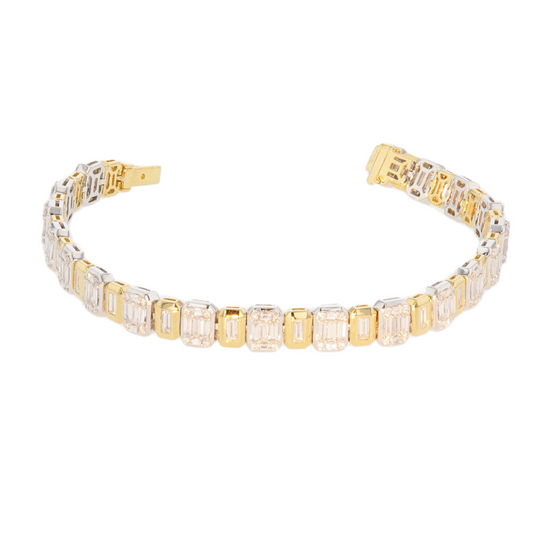 18K Solid Gold Baguette and Round Diamond Illusion Setting Tennis Bracelet