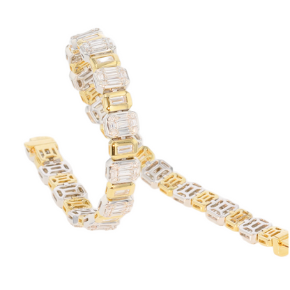 Deco 18k Solid Gold Baguette and Round diamond Tennis Bracelet