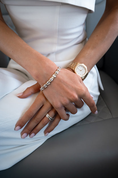 Deco 18k Solid Gold Baguette and Round diamond Tennis Bracelet