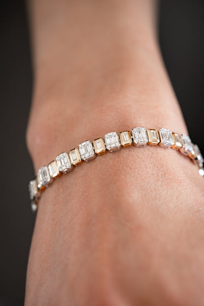 Deco 18k Solid Gold Baguette and Round diamond Tennis Bracelet