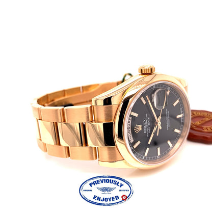 Rolex Day-Date President 36mm Everose Gold Domed Bezel Black Dial 118205 A7M2U2