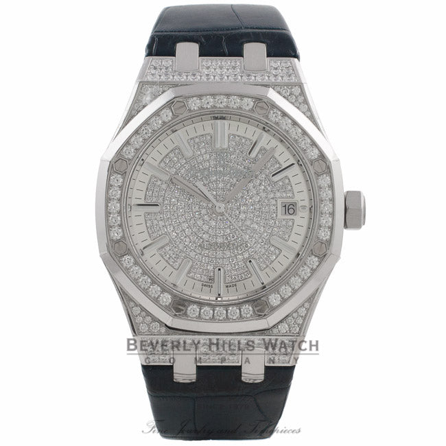 Audemars Piguet Royal Oak 37MM White Gold Diamond Pave Dial Blue Leather Strap 15452BC.ZZ.D019CR.01 2K4ZTR - Beverly Hills Watch Company