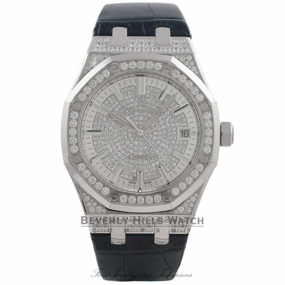Audemars Piguet Royal Oak 37MM White Gold Diamond Pave Dial Blue Leather Strap 15452BC.ZZ.D019CR.01 2K4ZTR - Beverly Hills Watch Company
