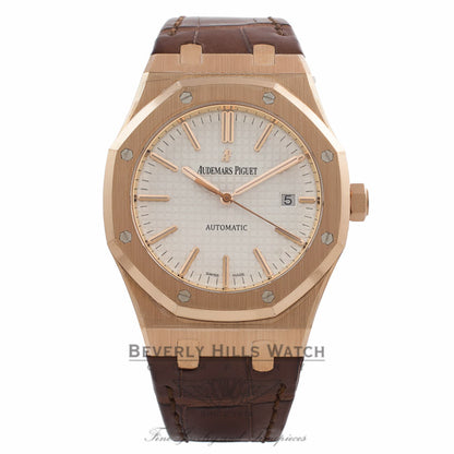 Audemars Piguet Royal Oak 41MM Rose Gold Silver Dial Brown Alligator Strap 15400OR.OO.D088CR.01 ZYQX5H - Beverly Hills Watch Company