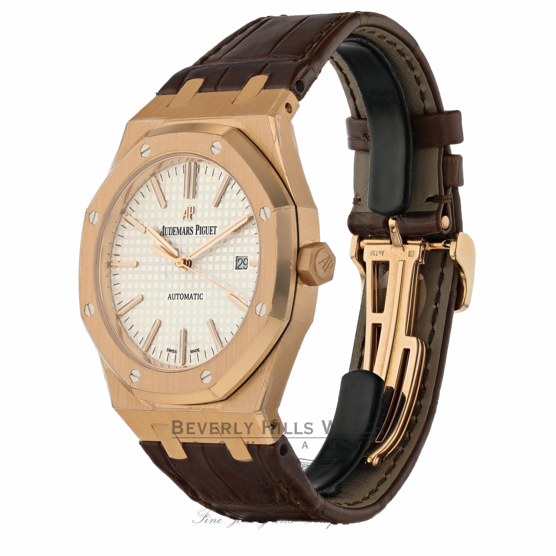 Audemars Piguet Royal Oak 41MM Rose Gold Silver Dial Brown Alligator Strap 15400OR.OO.D088CR.01 ZYQX5H - Beverly Hills Watch Company