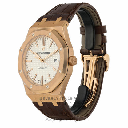 Audemars Piguet Royal Oak 41MM Rose Gold Silver Dial Brown Alligator Strap 15400OR.OO.D088CR.01 ZYQX5H - Beverly Hills Watch Company