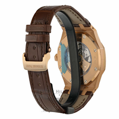 Audemars Piguet Royal Oak 41MM Rose Gold Silver Dial Brown Alligator Strap 15400OR.OO.D088CR.01 ZYQX5H - Beverly Hills Watch Company