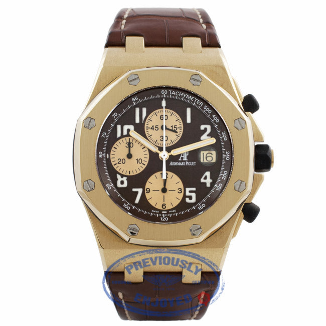 Audemars Piguet Royal Oak Offshore L.E. Arnold Shwar. 18k Yellow Gold Brown Dial Brown Alligator Strap 26007BA.OO.D088CR K7DE0H - Beverly Hills Watch Company Watch Store