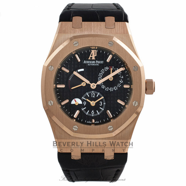 Audemars Piguet Royal Oak Dual Time 39MM 18k Rose Gold Black Dial Black Alligator Strap 26120OR.OO.D002CR.01 0C1WK8 - Beverly Hills Watch Company Watch Store