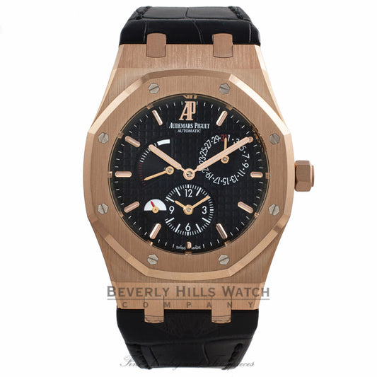 Audemars Piguet Royal Oak Dual Time 39MM 18k Rose Gold Black Dial Black Alligator Strap 26120OR.OO.D002CR.01 0C1WK8 - Beverly Hills Watch Company Watch Store