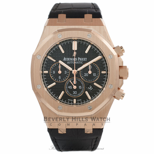 Audemars Piguet Royal Oak Chronograph 41MM Rose Gold Black Dial Black Alligator Strap 26320OR.OO.D002CR.01 T68YH6 - Beverly Hills Watch Company