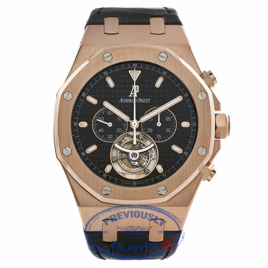 Audemars Piguet Royal Oak Tourbillon Chronograph 18k Rose Gold Black Dial Black Alligator Strap 25977OR.OO.D002CR.01 - Beverly Hills Watch Store