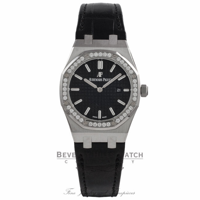 Audemars Piguet Royal Oak 33MM Ladies Stainless Steel Diamond Bezel Black Dial Alligator Strap 67651ST.ZZ.D002CR.01  X1RWK2 - Beverly Hills Watch Company Watch Store