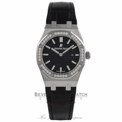Audemars Piguet Royal Oak 33MM Ladies Stainless Steel Diamond Bezel Black Dial Alligator Strap 67651ST.ZZ.D002CR.01  X1RWK2 - Beverly Hills Watch Company Watch Store
