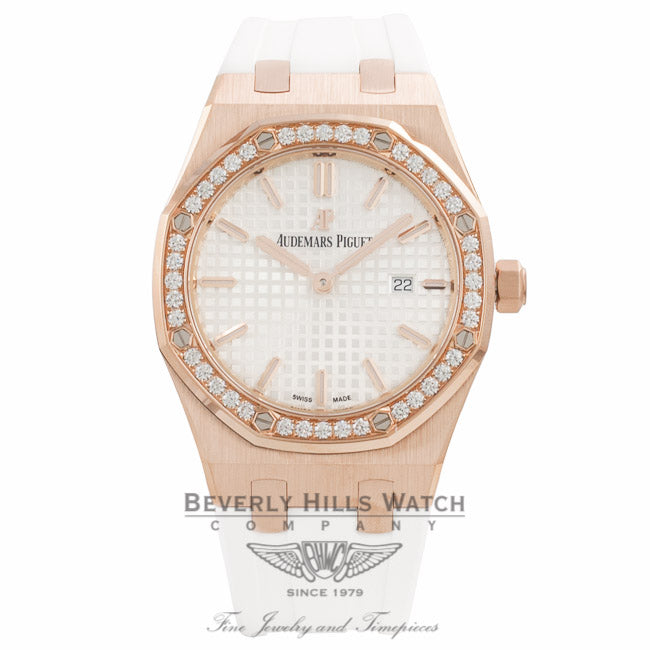 Audemars Piguet Royal Oak 33MM Ladies Rose Gold Diamond Bezel Rubber Strap 67651OR.ZZ.D010CA.01 - Beverly Hills Watch Company Watch Store