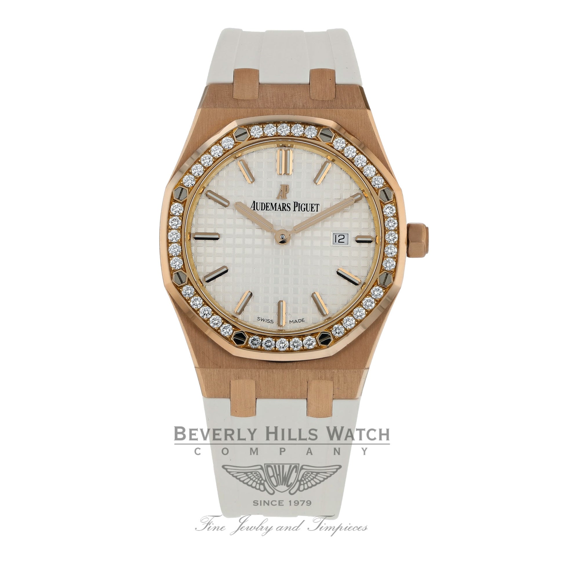 Audemars Piguet Royal Oak 33MM Ladies Rose Gold Diamond Bezel Rubber Strap 67651OR.ZZ.D010CA.01 - Beverly Hills Watch Company Watch Store