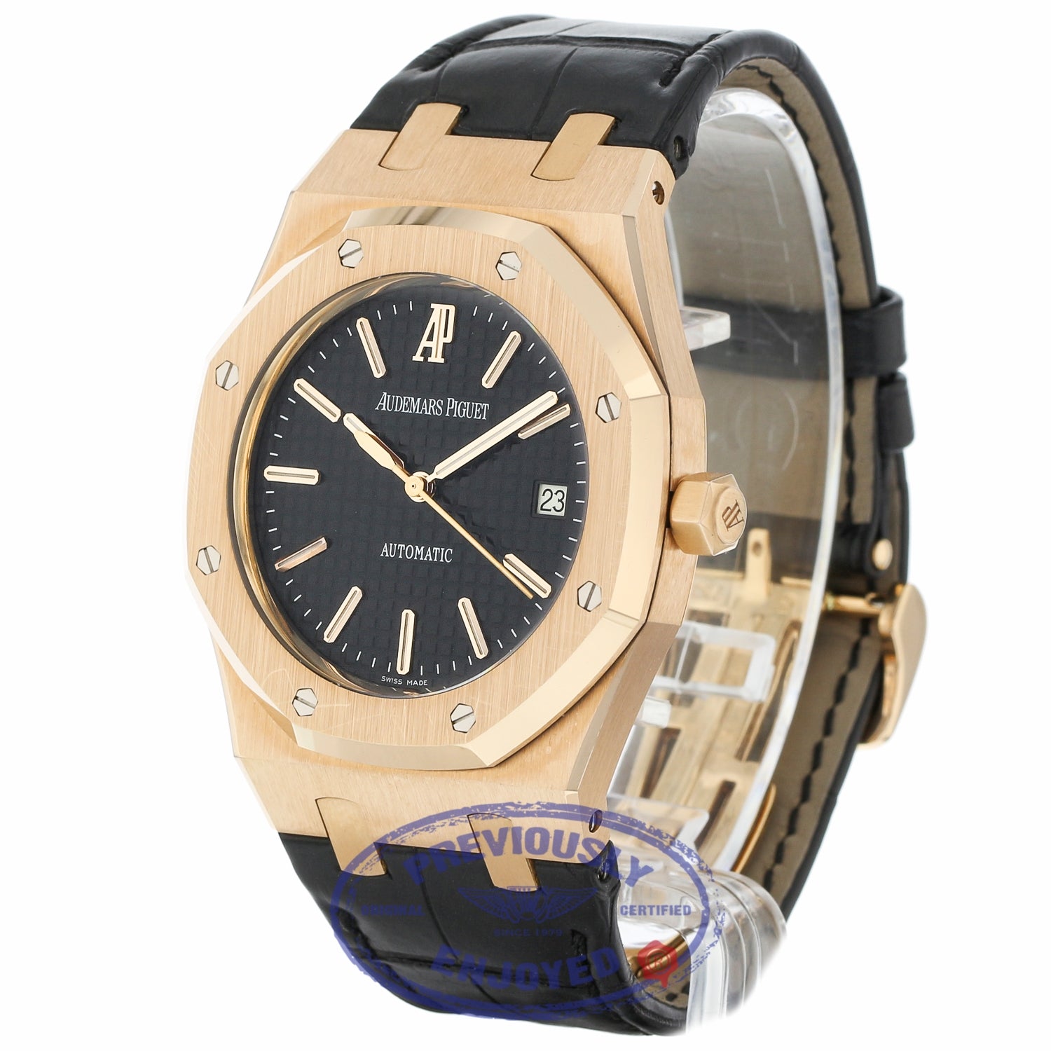 Audemars Piguet Royal Oak 39MM Automatic 18k Rose Gold Black Dial Black Strap 15300OR.OO.D002CR.01 7977Z5 - Beverly Hills Watch Company