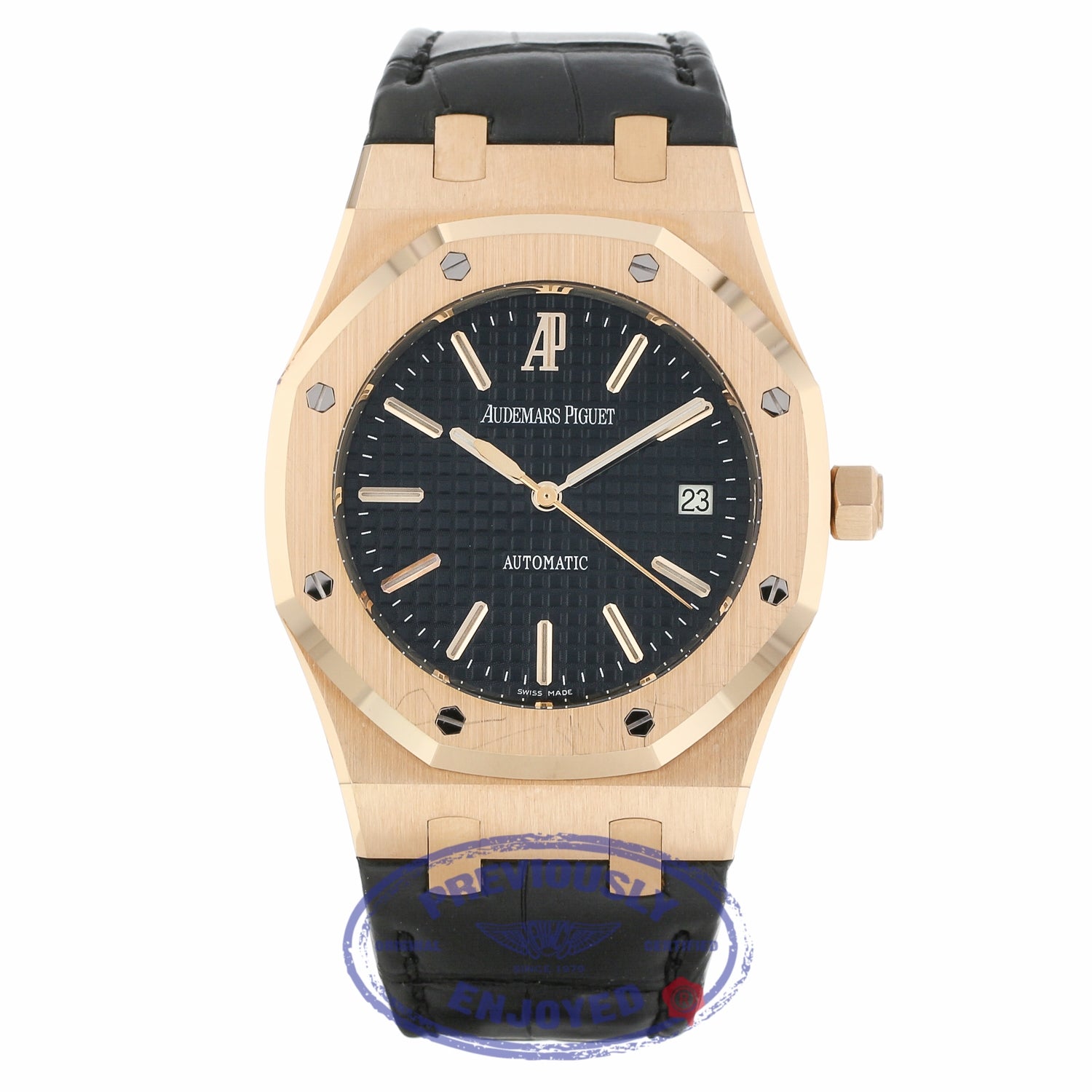 Audemars Piguet Royal Oak 39MM Automatic 18k Rose Gold Black Dial Black Strap 15300OR.OO.D002CR.01 7977Z5 - Beverly Hills Watch Company
