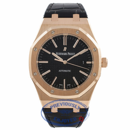 Audemars Piguet Royal Oak 41MM 18k Rose Gold Black Dial Black Leather Strap 15400OR.OO.122OR.02 Z214KJ - Beverly Hills Watch Store