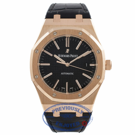 Audemars Piguet Royal Oak 41MM 18k Rose Gold Black Dial Black Leather Strap 15400OR.OO.122OR.02 Z214KJ - Beverly Hills Watch Store
