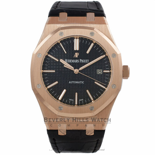 Audemars Piguet Royal Oak 41MM 18k Rose Gold Black Dial Black Strap 15400OR.OO.D002CR.01 AE48KP - Beverly Hills Watch Company Watch Store