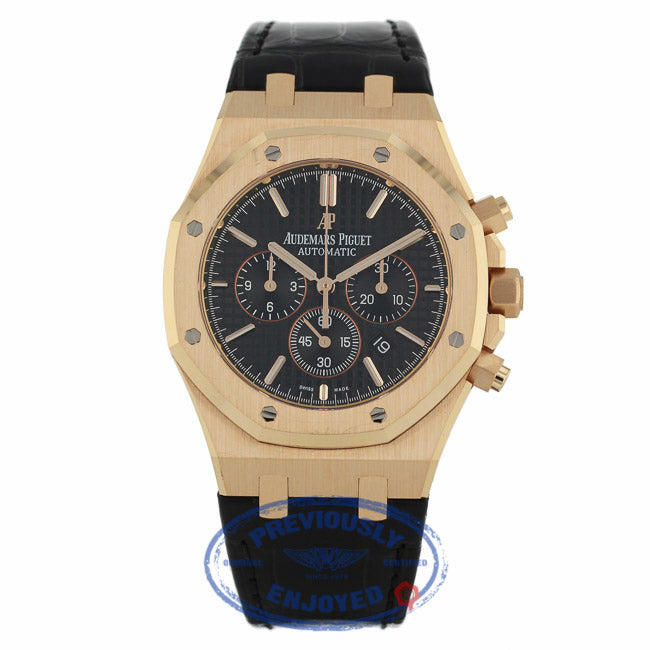 Audemars Piguet Royal Oak Chronograph 41MM Rose Gold Black Dial Black Alligator Strap 26320OR.OO.D002CR.01 23U77M - Beverly Hills Watch Company