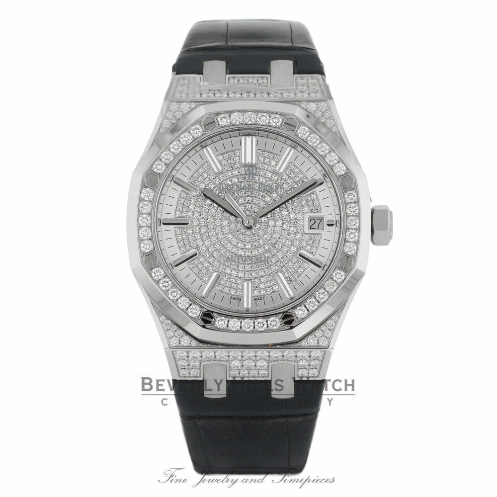 Audemars Piguet Royal Oak 37MM White Gold Diamond Pave Dial Blue Leather Strap 15452BC.ZZ.D019CR.01 2K4ZTR - Beverly Hills Watch Company