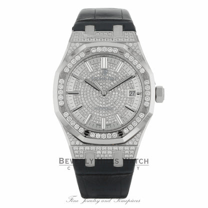 Audemars Piguet Royal Oak 37MM White Gold Diamond Pave Dial Blue Leather Strap 15452BC.ZZ.D019CR.01 2K4ZTR - Beverly Hills Watch Company