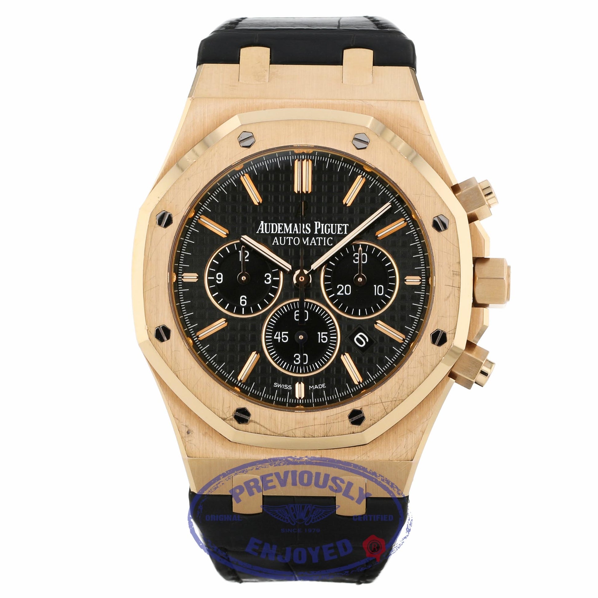 Audemars Piguet Royal Oak Chronograph 41MM 18k Rose Gold Black Dial Black Alligator Strap 26320OR.OO.D002CR.01 NVHWDE - Beverly Hills Watch Company