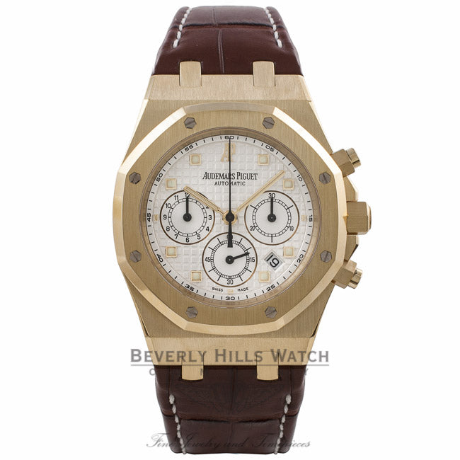 Audemars Piguet Royal Oak Chronograph 40MM 18k Yellow Gold Silver Dial Brown Alligator Strap 26022BA.OO.D088CR.01 AK50TY - Beverly Hills Watch Company Watch Store
