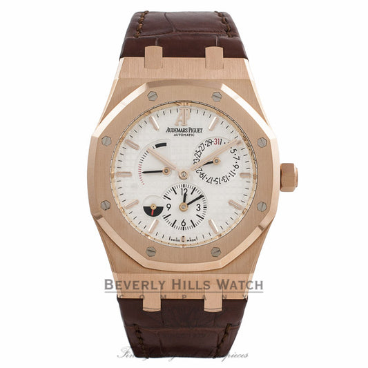 Audemars Piguet Royal Oak Dual Time 39MM 18K Rose gold Silver Dial Brown Alligator Strap 26120OR.OO.D088CR.01 PN6ZK4 - Beverly Hills Watch Store
