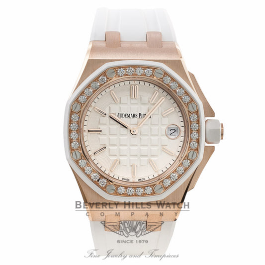 Audemars Piguet Royal Oak Offshore 37mm 18k Rose Gold Diamond Bezel White Dial Rubber Strap 67540OK.ZZ.A010CA.01 9Q0QXE - Beverly Hills Watch Company Watch Store