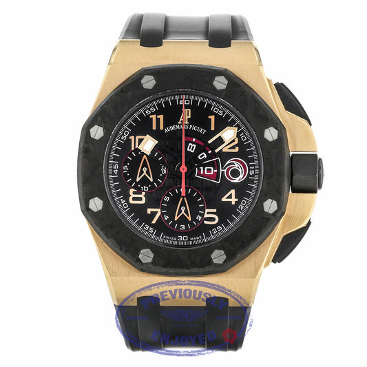 Audemars Piguet 44mm Black Dial Chronograph 18k Rose Gold Black Rubber 26062OR.OO.A002CA.01 Q6XA9L - Beverly Hills Watch