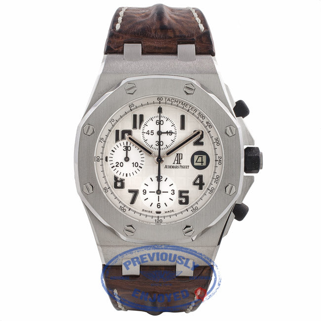 Audemars Piguet Royal Oak Offshore Safari Chronograph 42MM Silver Dial Brown Alligator Strap 26170ST.OO.D091CR.01 QYXQ7F - Beverly Hills Watch Company Watch Store