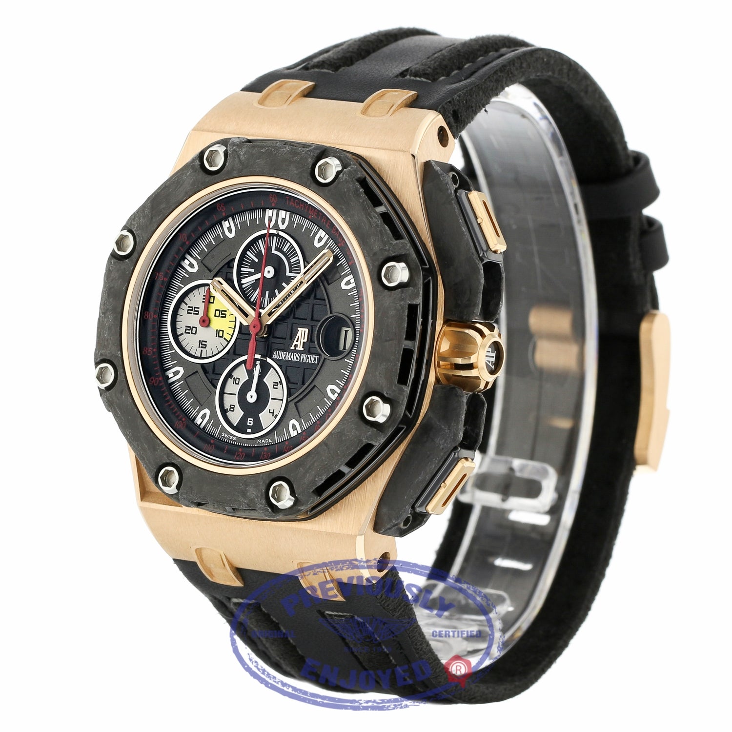 Audemars Piguet Royal Oak Offshore Grand Prix Chronograph Alinghi 18k Rose Gold Black Carbon Black Dial Black Leather Strap 26290RO.OO.A001VE.01 YME0NA - Beverly Hills Watch Company