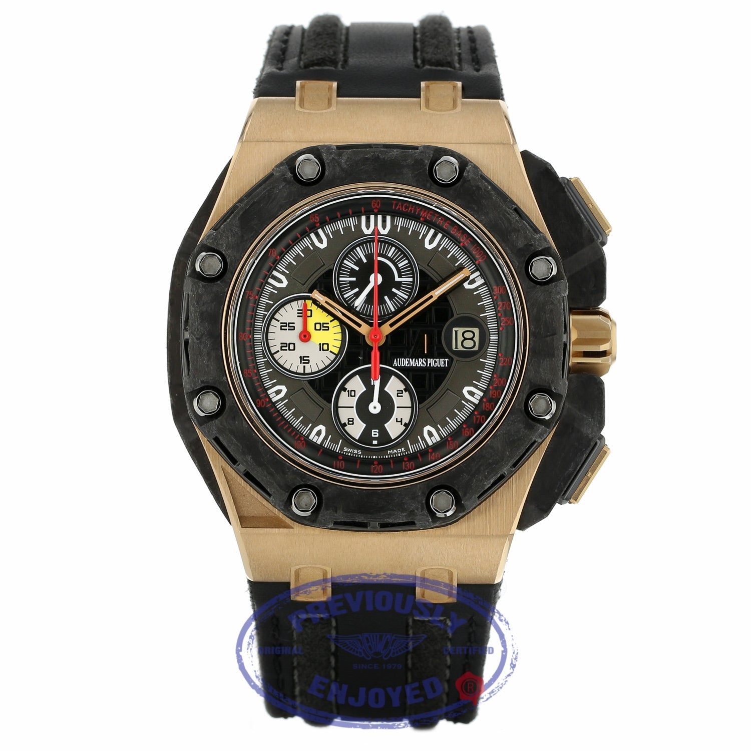 Audemars Piguet Royal Oak Offshore Grand Prix Chronograph Alinghi 18k Rose Gold Black Carbon Black Dial Black Leather Strap 26290RO.OO.A001VE.01 YME0NA - Beverly Hills Watch Company