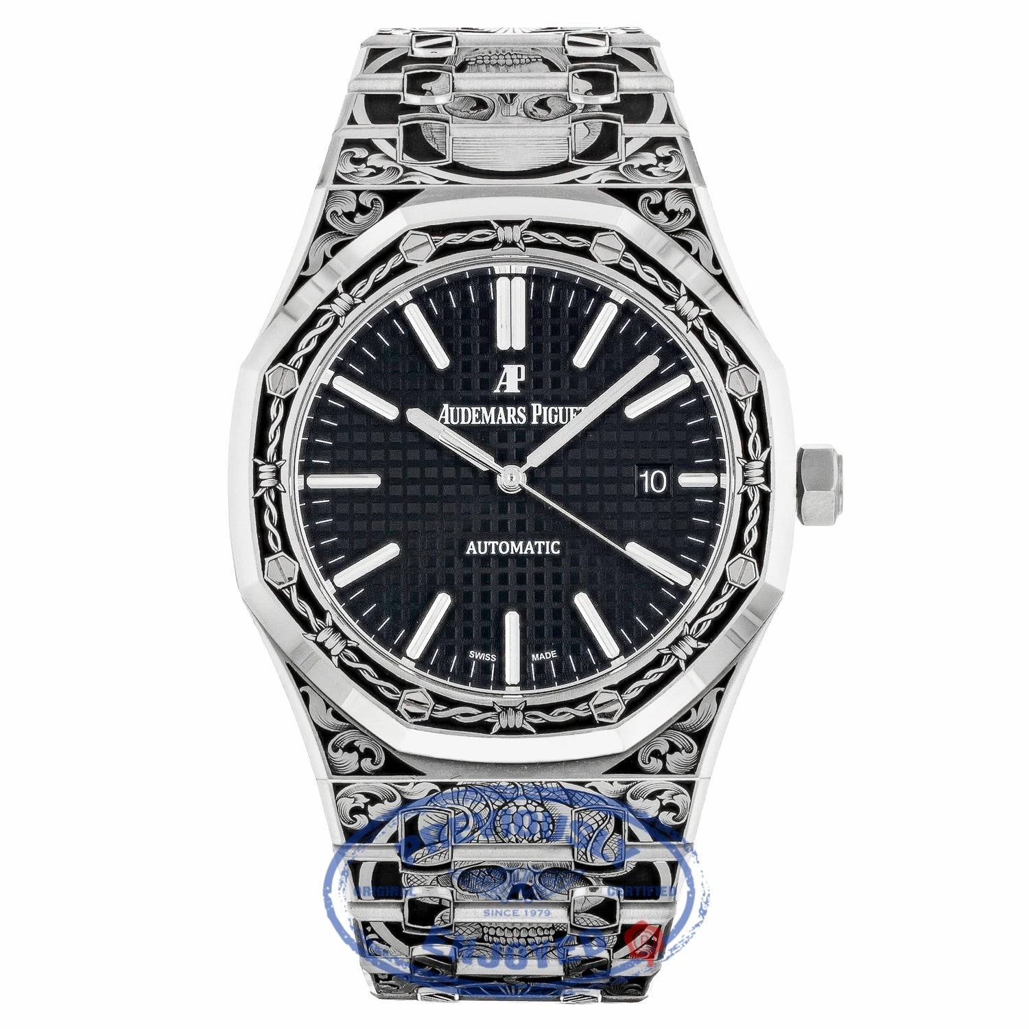 Audemars Piguet Royal Oak 41MM Stainless Steel Customized Hand Engraving by Joanne Ryall Black Dial 15400ST.OO.1220ST.01 03VLTW - Beverly Hills Watch Company