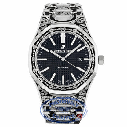 Audemars Piguet Royal Oak 41MM Stainless Steel Customized Hand Engraving by Joanne Ryall Black Dial 15400ST.OO.1220ST.01 03VLTW - Beverly Hills Watch Company