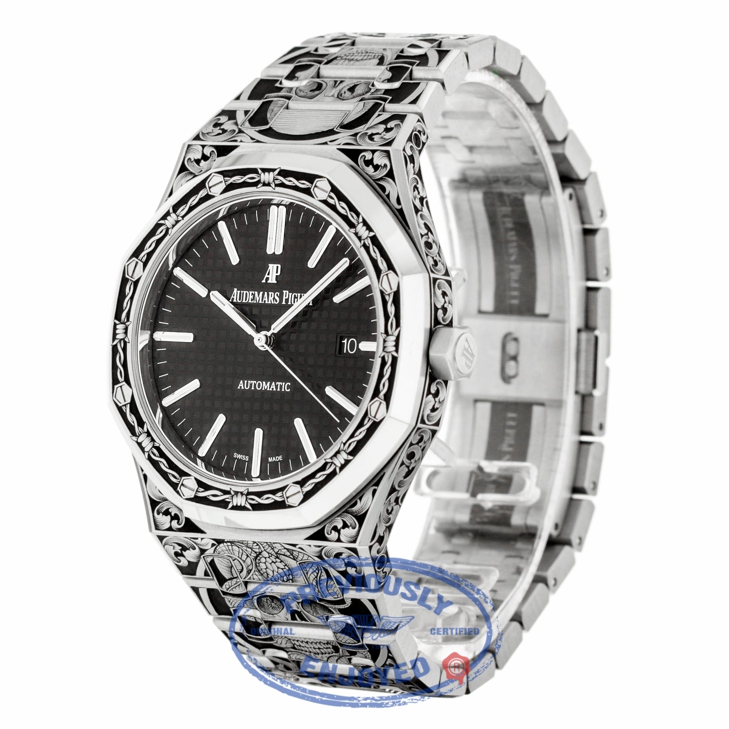 Audemars Piguet Royal Oak 41MM Stainless Steel Customized Hand Engraving by Joanne Ryall Black Dial 15400ST.OO.1220ST.01 03VLTW - Beverly Hills Watch Company