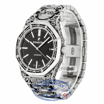 Audemars Piguet Royal Oak 41MM Stainless Steel Customized Hand Engraving by Joanne Ryall Black Dial 15400ST.OO.1220ST.01 03VLTW - Beverly Hills Watch Company