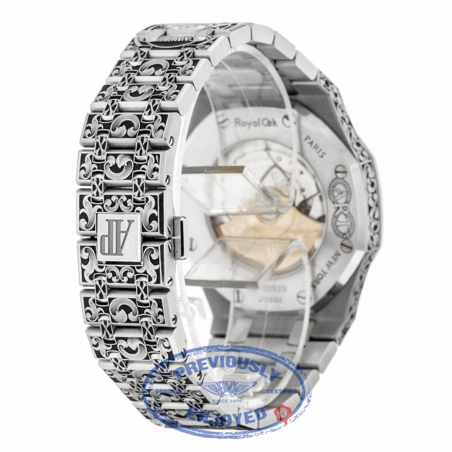 Audemars Piguet Royal Oak 41MM Stainless Steel Customized Hand Engraving by Joanne Ryall Black Dial 15400ST.OO.1220ST.01 03VLTW - Beverly Hills Watch Company