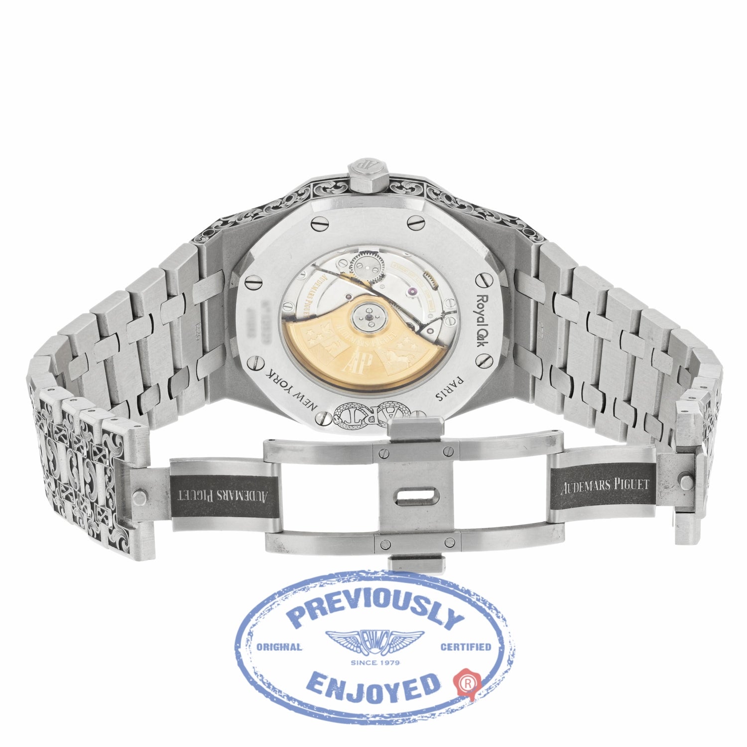 Audemars Piguet Royal Oak 41MM Stainless Steel Customized Hand Engraving by Joanne Ryall Black Dial 15400ST.OO.1220ST.01 03VLTW - Beverly Hills Watch Company