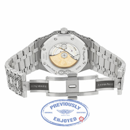 Audemars Piguet Royal Oak 41MM Stainless Steel Customized Hand Engraving by Joanne Ryall Black Dial 15400ST.OO.1220ST.01 03VLTW - Beverly Hills Watch Company